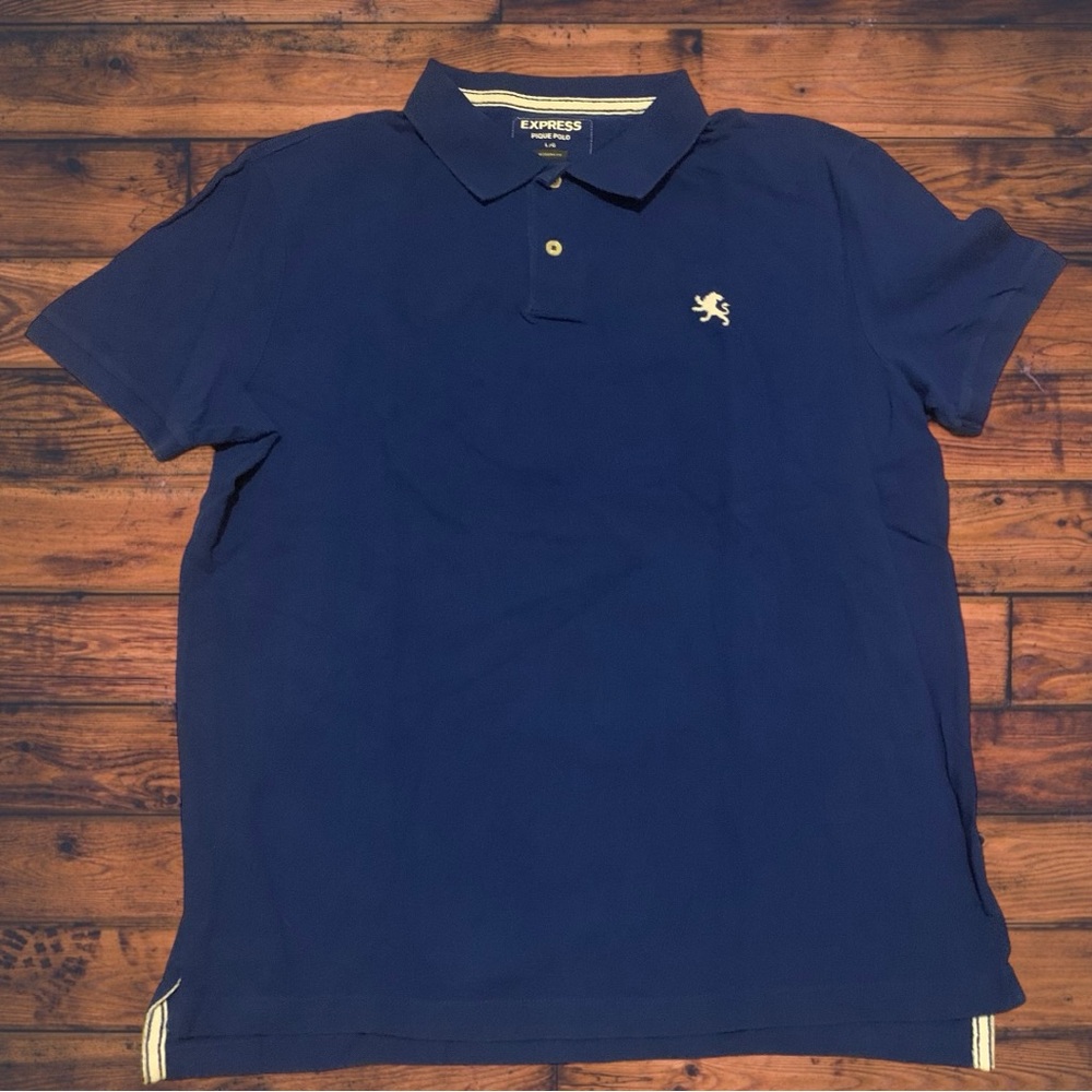 Royal Blue Express Polo Shirt Button Up Down Casual Dress Wear Lion Logo